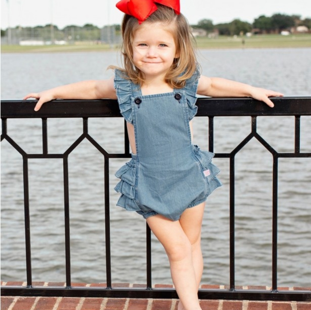 RuffleButts Lightwash denim Flutter Overall Romper